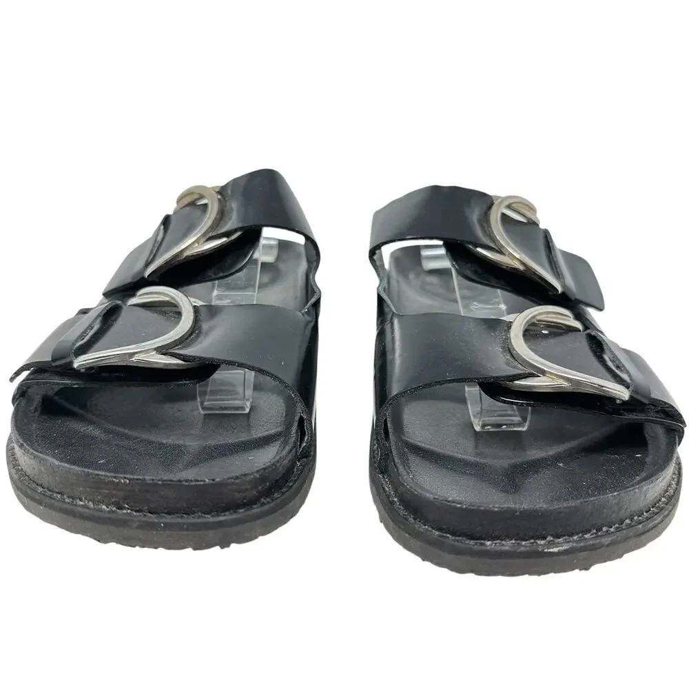 Zara Slide Sandals Buckles Double Strap Faux Leather Black Size 41 US‎ 10 - Picture 3 of 14